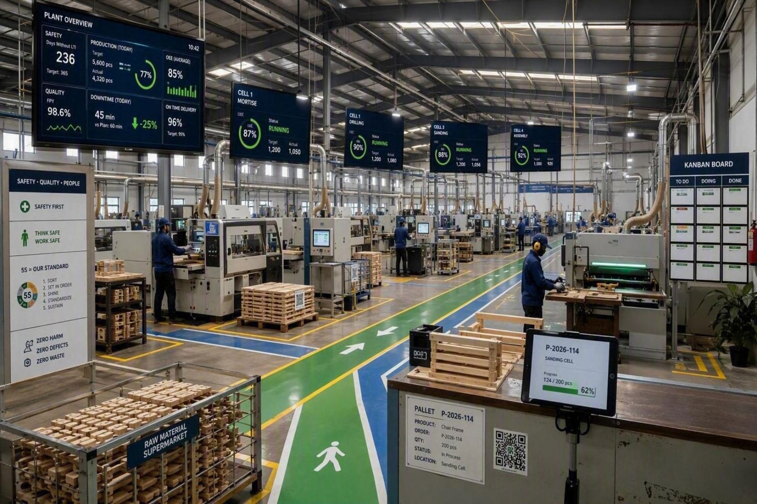 Organized factory with marked flow lanes and live production dashboards above each cell