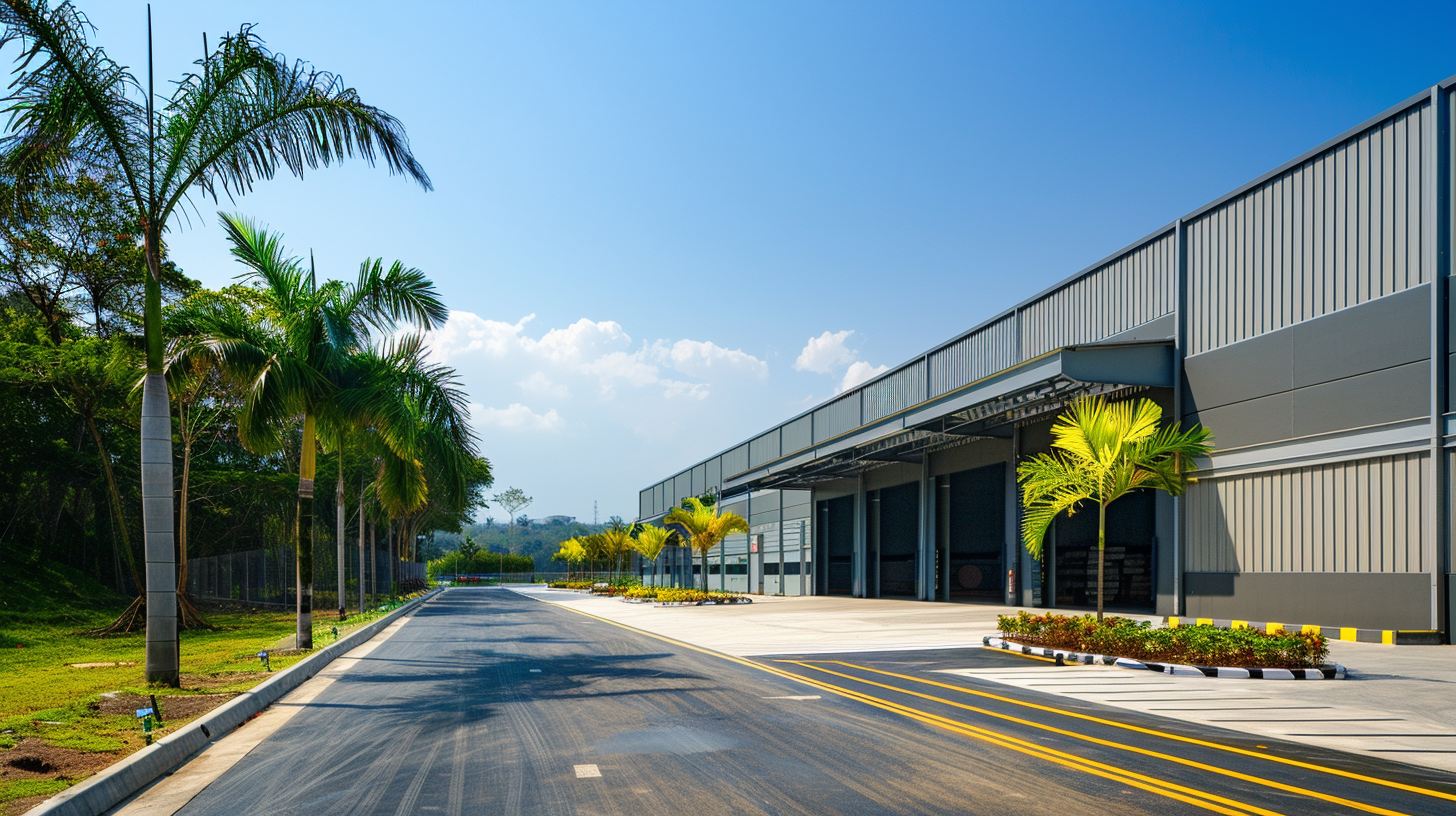 Modern factory building alongside a palm-lined road