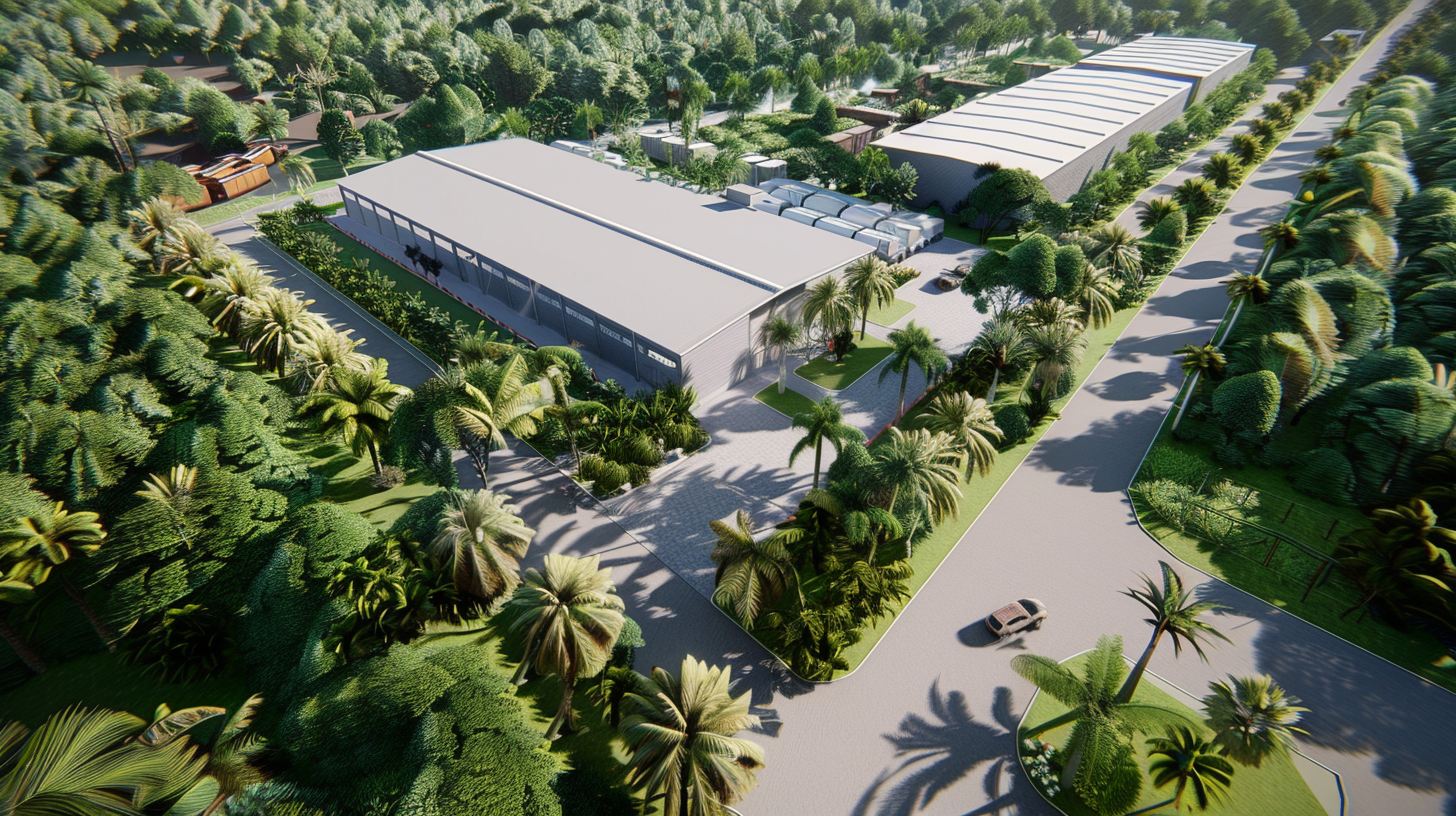Aerial rendering of factory buildings surrounded by palm trees