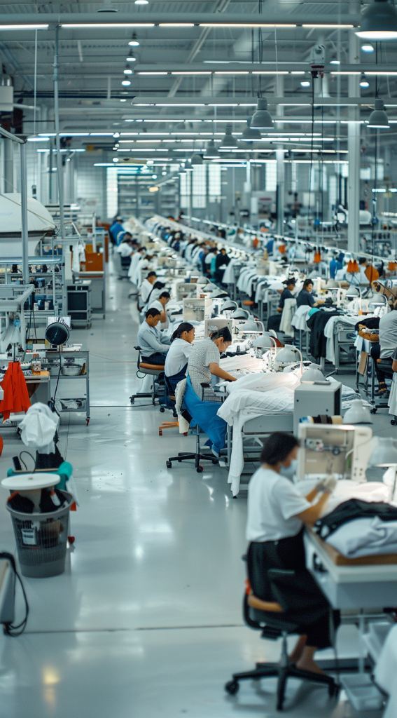 Long rows of sewing workstations in a garment factory