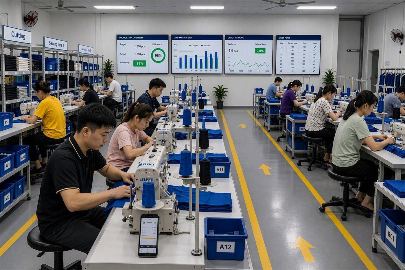 Sewing cells with live production dashboards on the wall